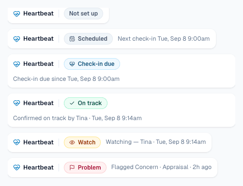 The six Pulse statuses as they appear in a deal's header: Not set up, Scheduled, Check-in due, On track, Watch, Problem.