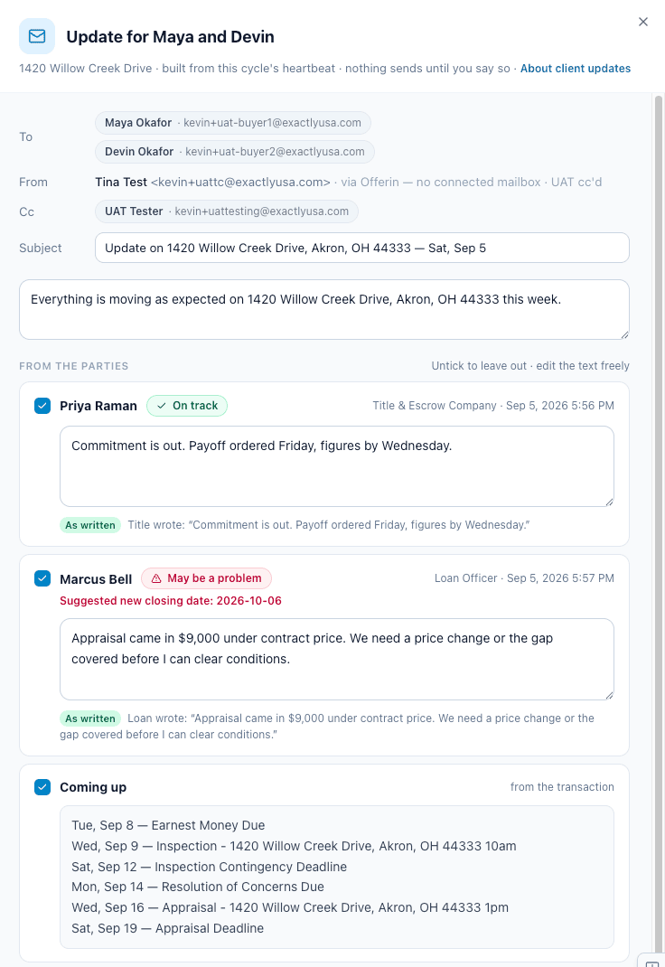 The Compose client update sheet with the draft built from each party's answer.