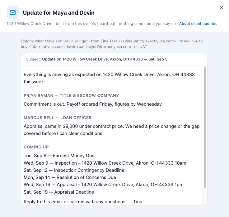 The client update preview: exactly what the client will receive.