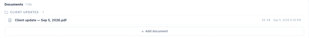 The deal's Documents tab with the sent client update filed as a PDF under Client updates.
