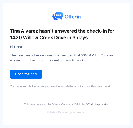 The escalation email a manager receives when a check-in goes unanswered for three days.