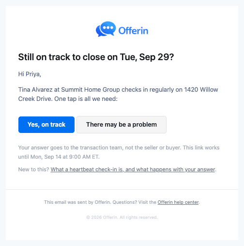 The check-in email a title company receives: the closing-date question with two buttons.