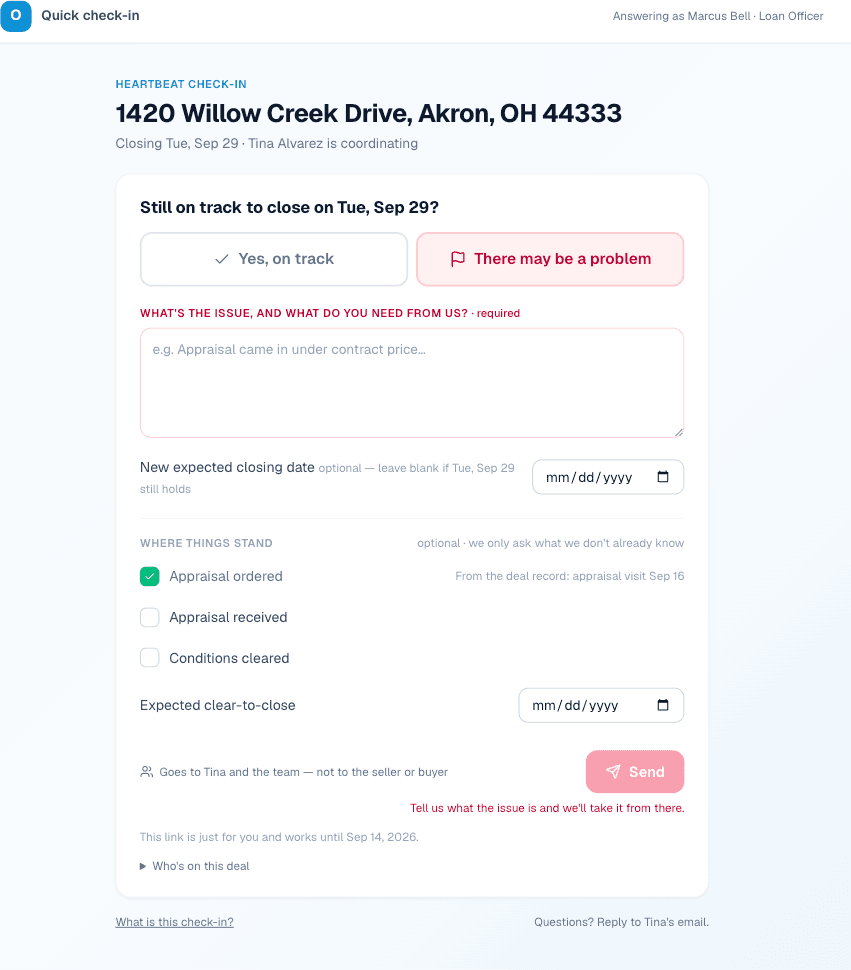 The check-in page for a loan officer with There may be a problem selected.