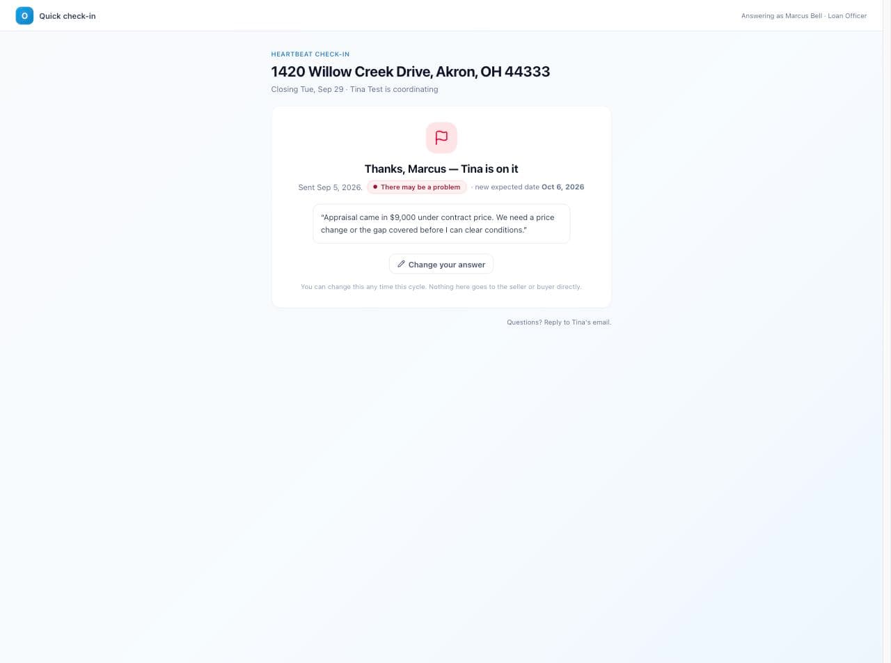 The thank-you card after reporting a possible problem, showing the new expected date.