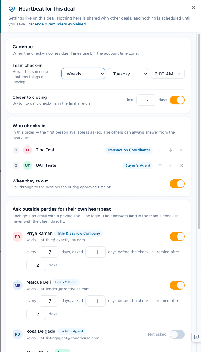 The pulse settings sheet: cadence, who checks in, and which outside parties are asked.