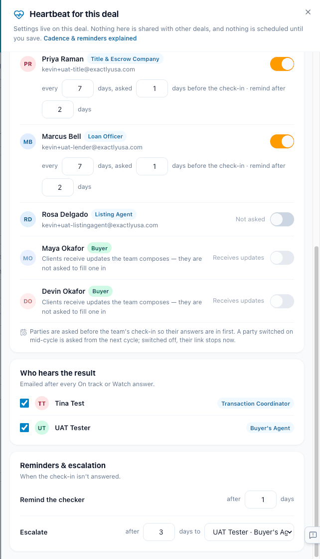 The bottom of the pulse settings sheet: who hears the result, reminders and escalation.