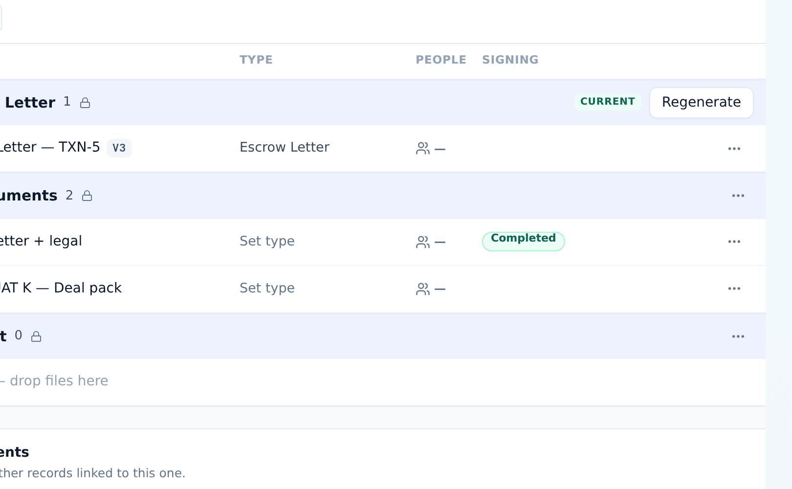 The deal's Documents tab with the generated escrow letter filed in its folder, marked Current.
