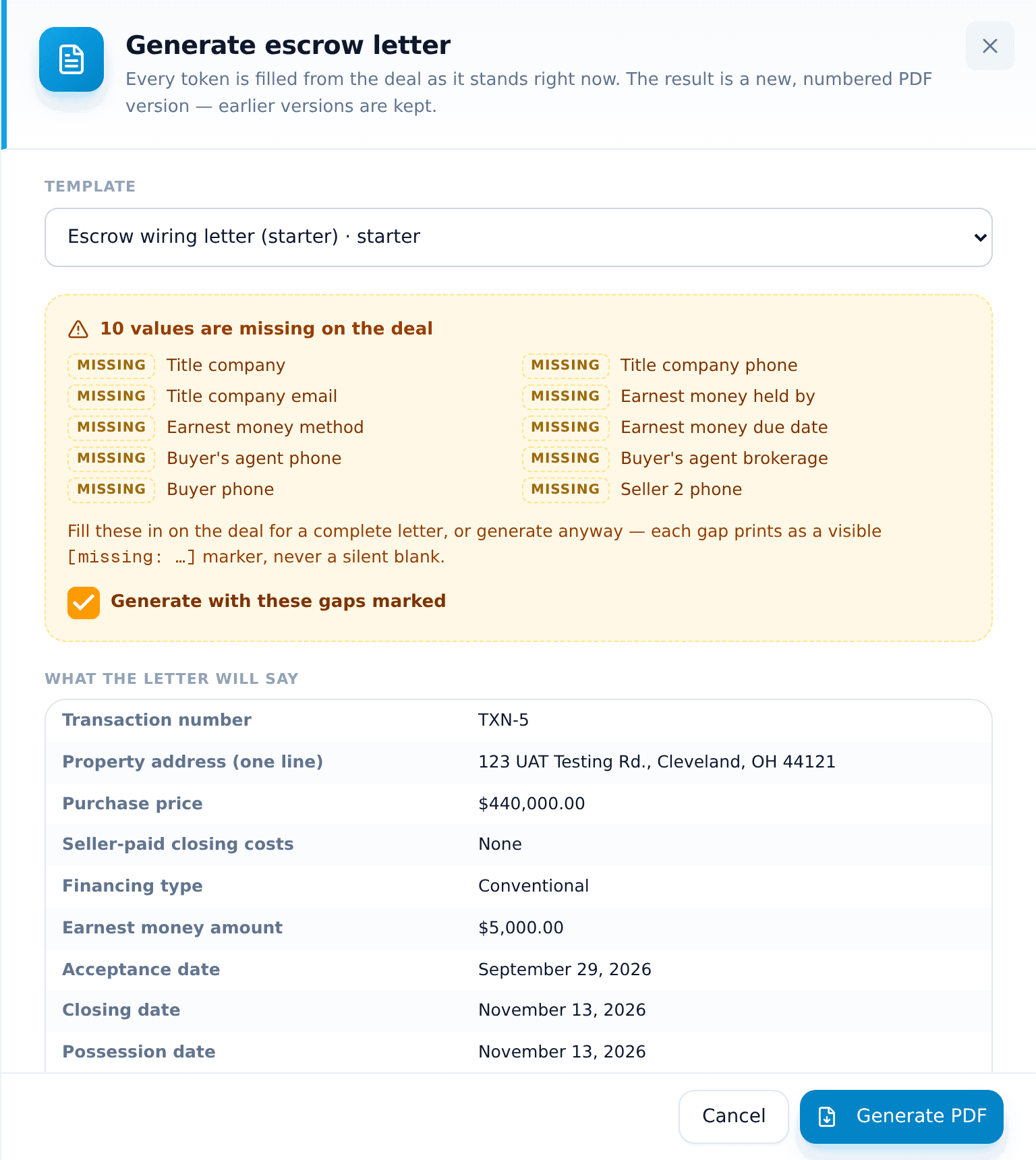 The Generate escrow letter panel: template choice, the values missing on the deal with the tick to generate anyway, and what the letter will say.