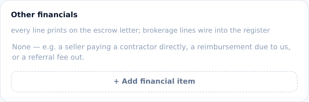 The Other financials panel at the bottom of a deal's Overview tab, with no lines yet and the Add financial item button.