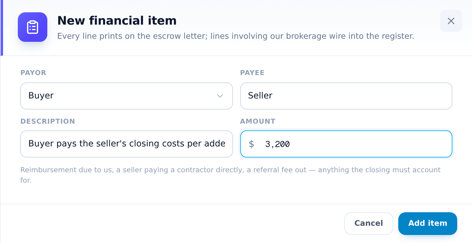 The New financial item panel filled in: payor Buyer, payee Seller, a description and an amount of $3,200.