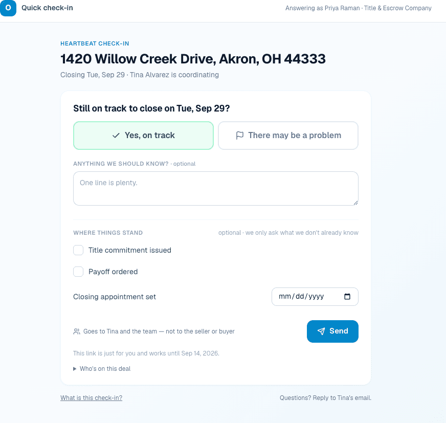 The check-in page for a title company with Yes, on track selected and the title checklist.