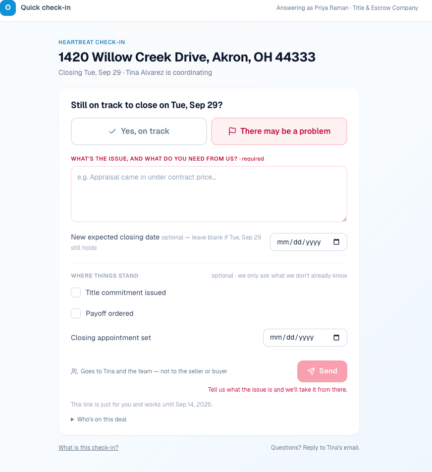 The check-in page for a title company with There may be a problem selected.