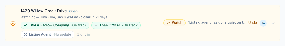A check-in row answered Watch, with the coordinator's note.