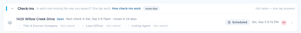 The Check-ins section on the Work page with one deal scheduled for later today.