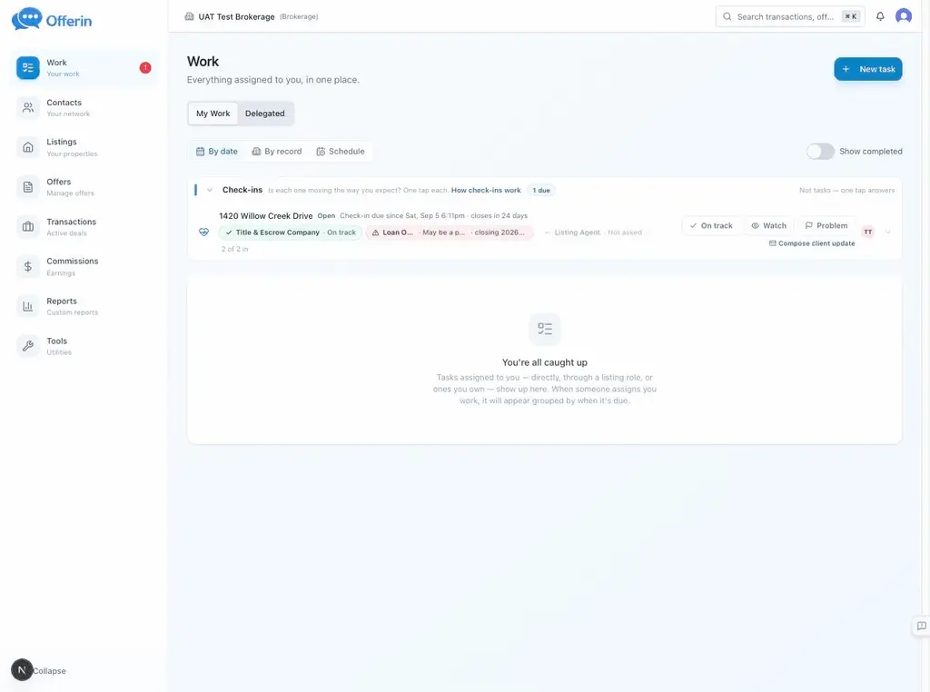 A coordinator answers the weekly check-in with one tap on the Work page.