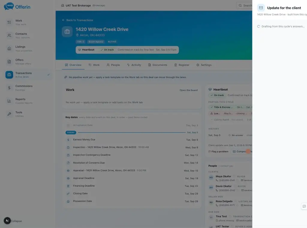 Opening Compose client update, reviewing the draft built from party answers, previewing and sending.