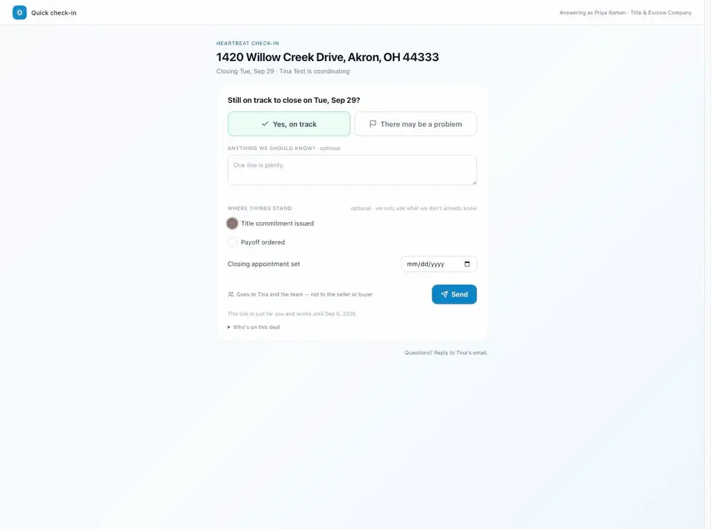 A title agent opens the check-in link, ticks two items, adds a line and presses Send.